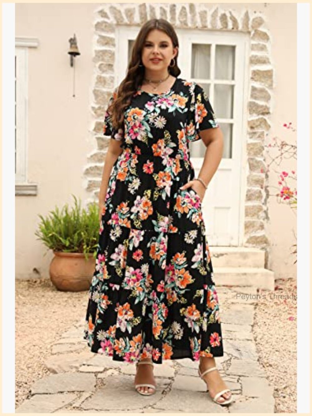 Plus Size Maxi Dress Ditsy Floral Print Boho Layered Flared with Pockets - Picture 2 of 7